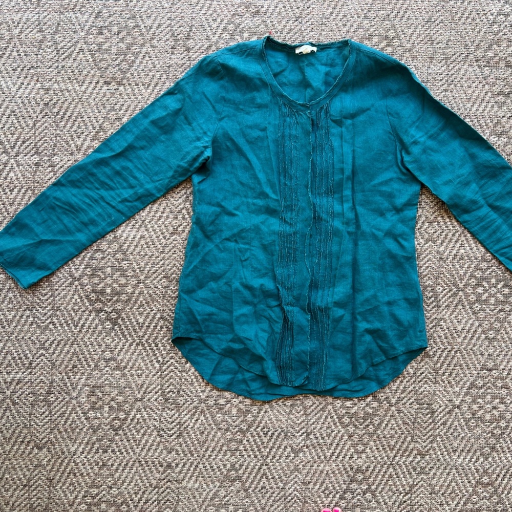 Eileen Fisher Women's Small Petite Green Irish Linen Button Down Shirt‎ Blouse
